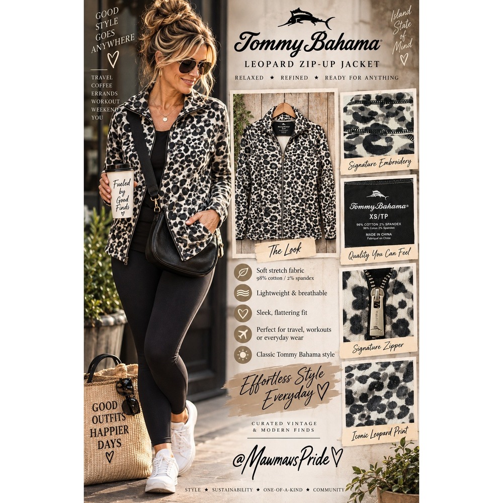 Tommy Bahama Women Leopard Zip-Up Jacket Grey Black Animal Print XS Athleisure